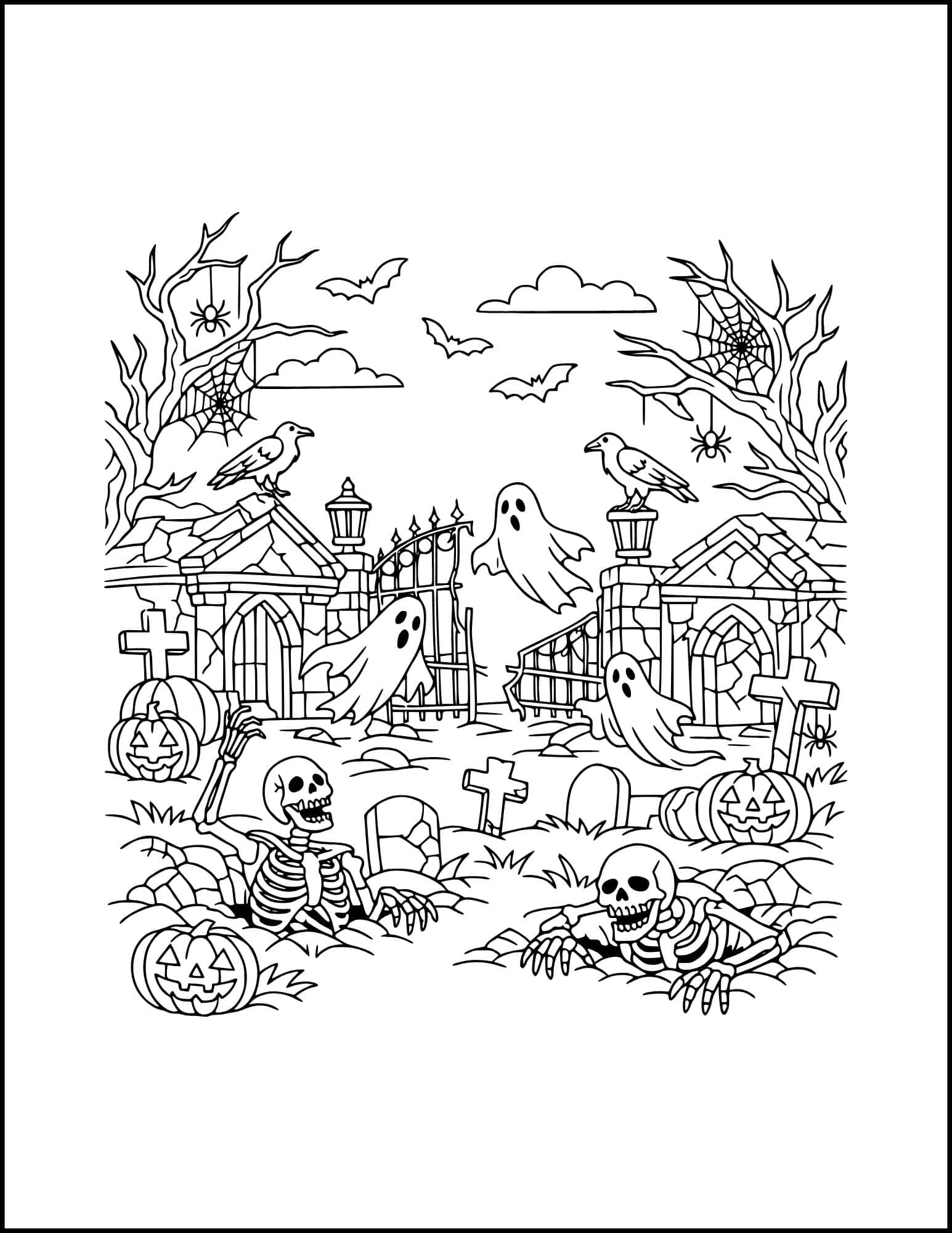 Skeletons in graveyard coloring page.