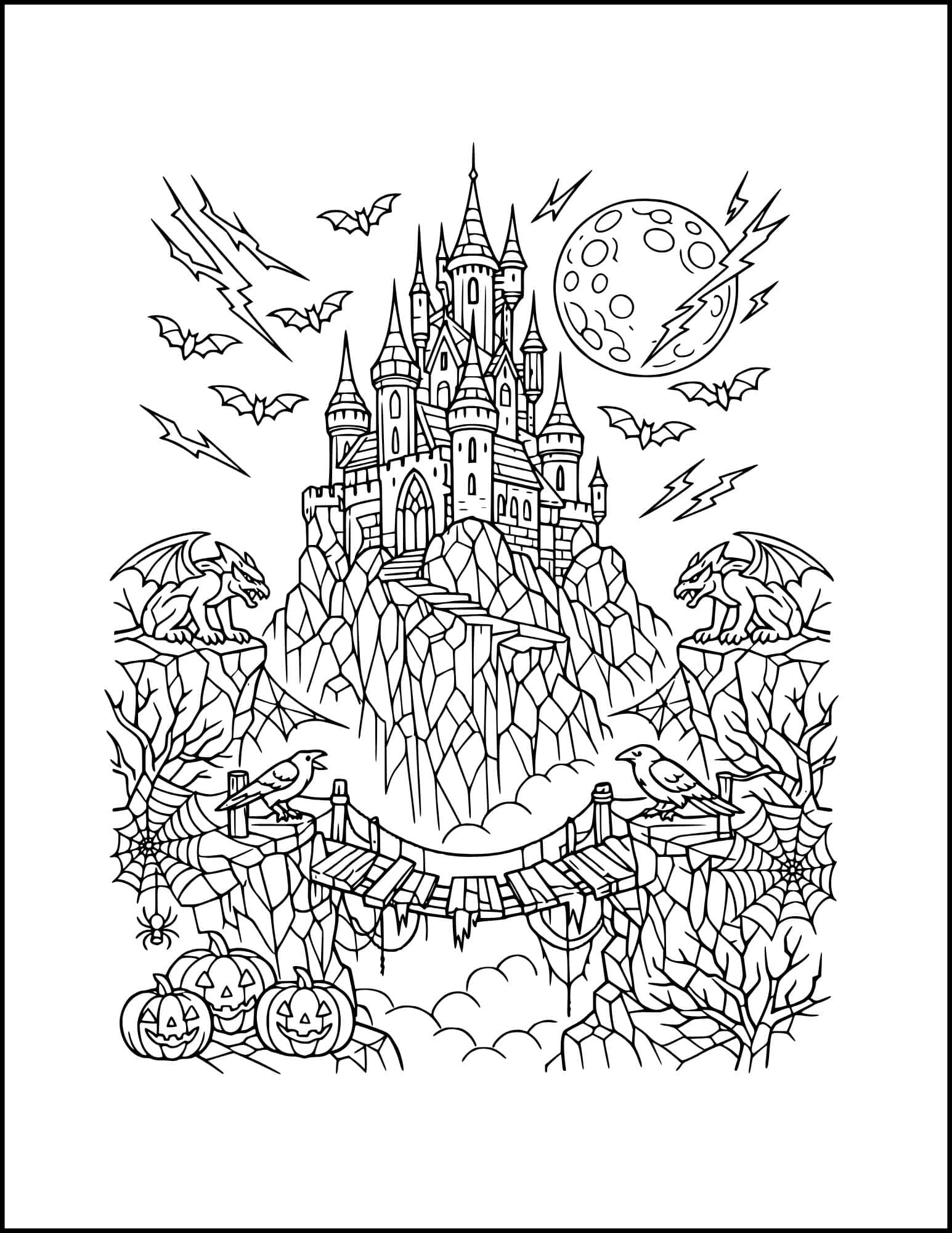 Haunted bridge and castle coloring page.