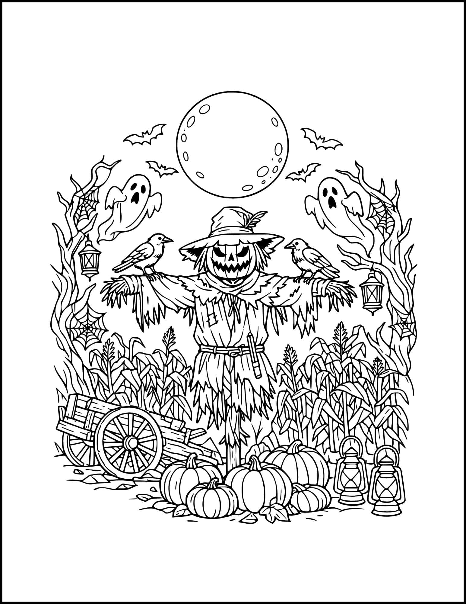 Scary scarecrows coloring page.