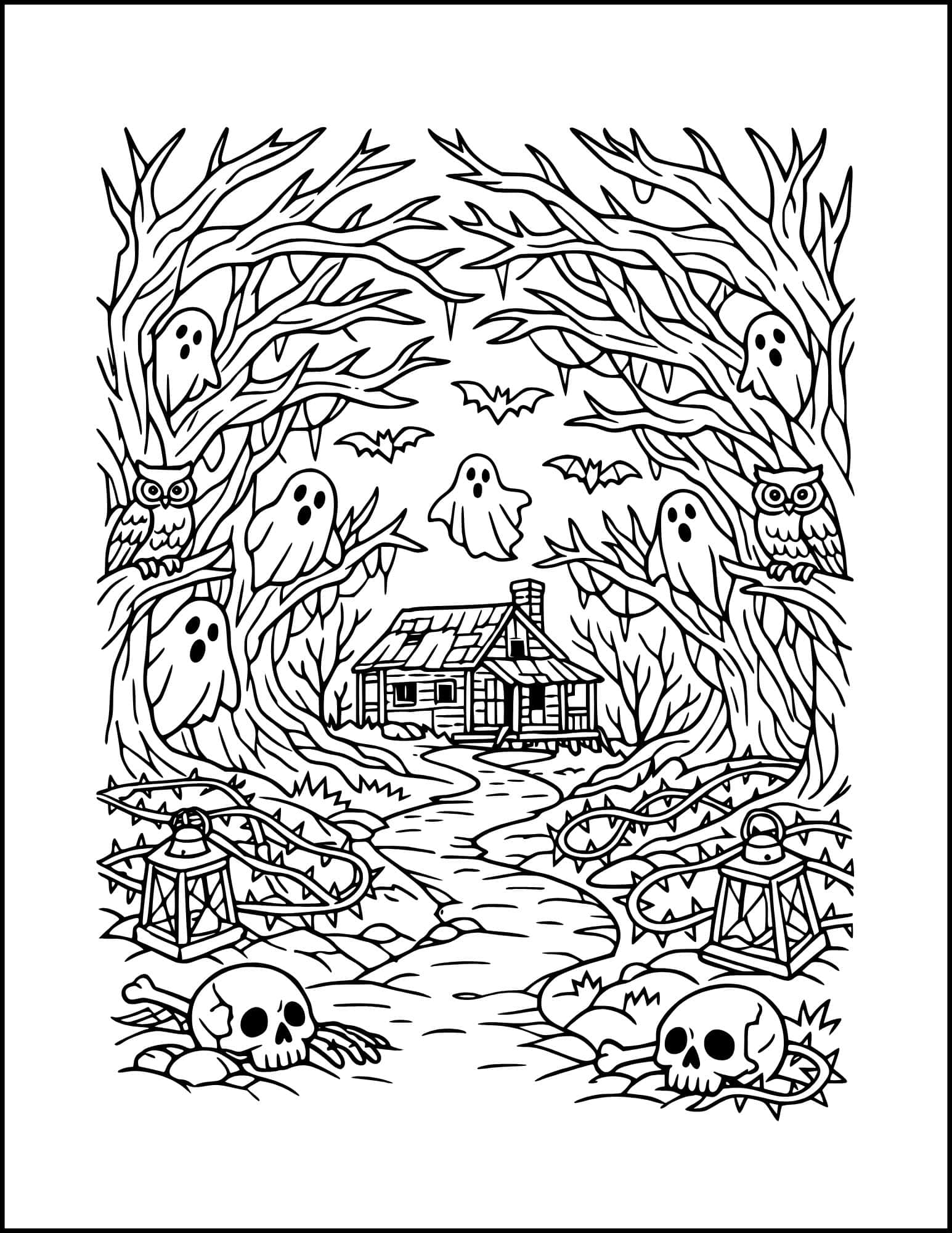 Haunted jungle coloring page.