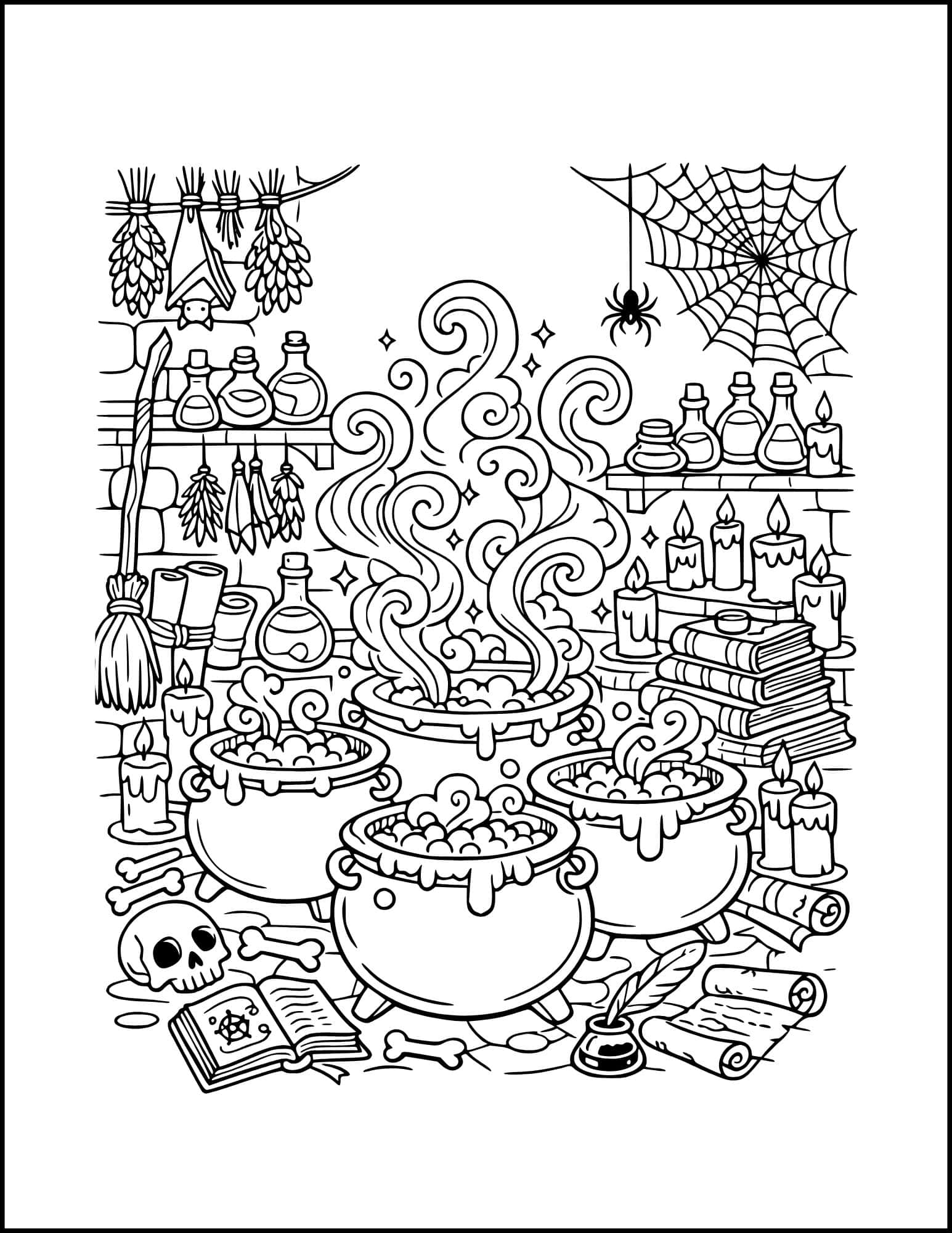 Witch’s potion lab coloring page.