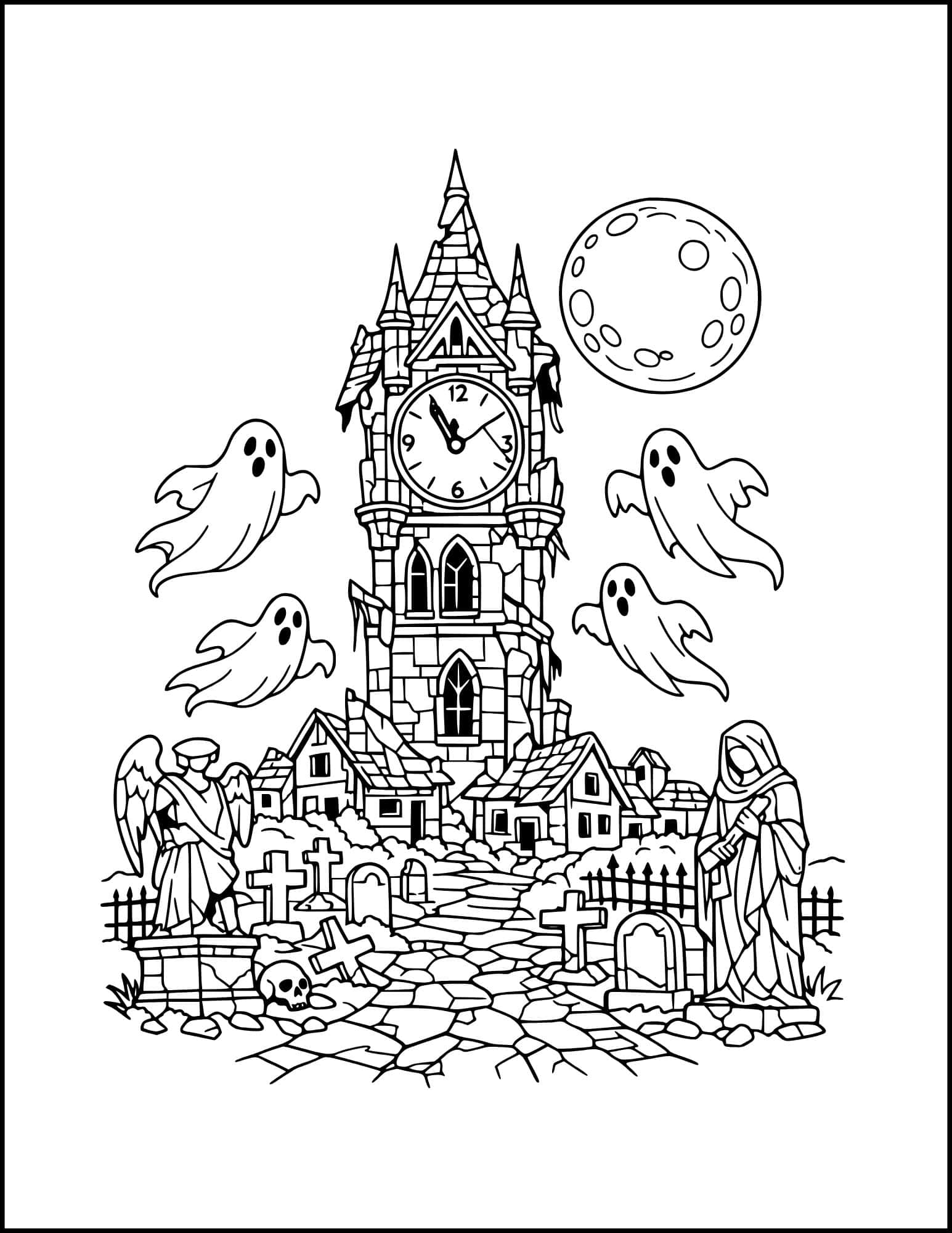 Moon clock tower scary Halloween coloring page.