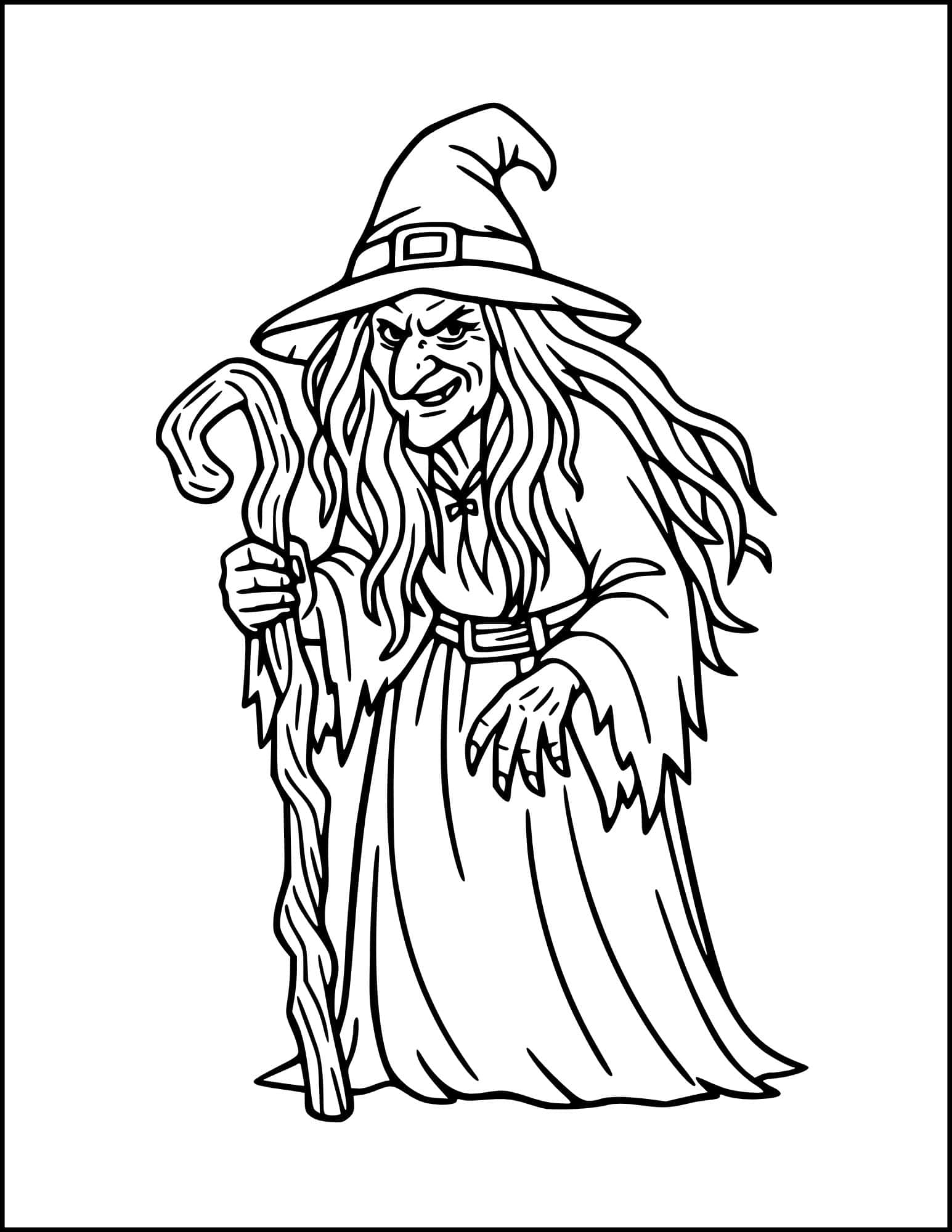 Wicked witch with long hair coloring page.