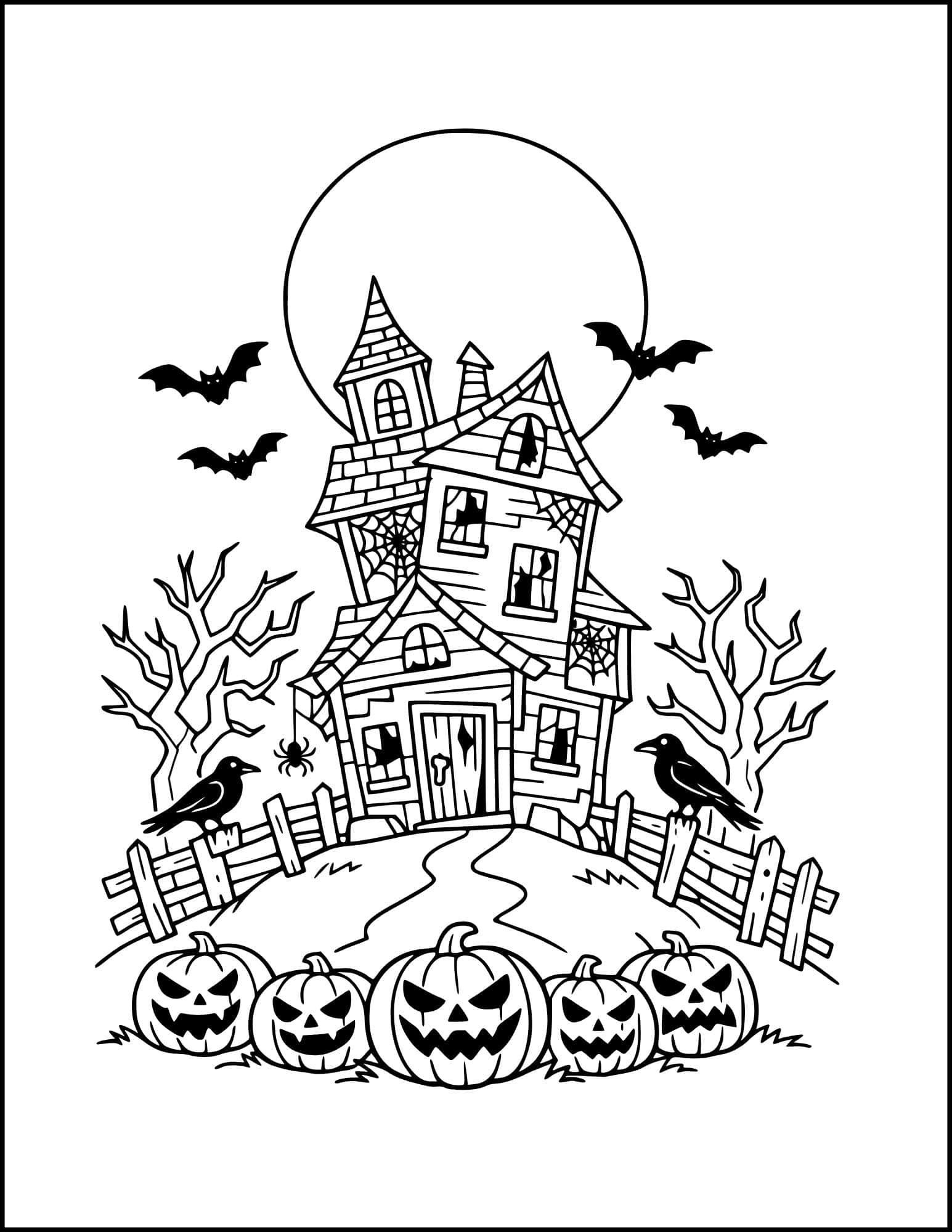 Jack o lantern haunted house coloring page.