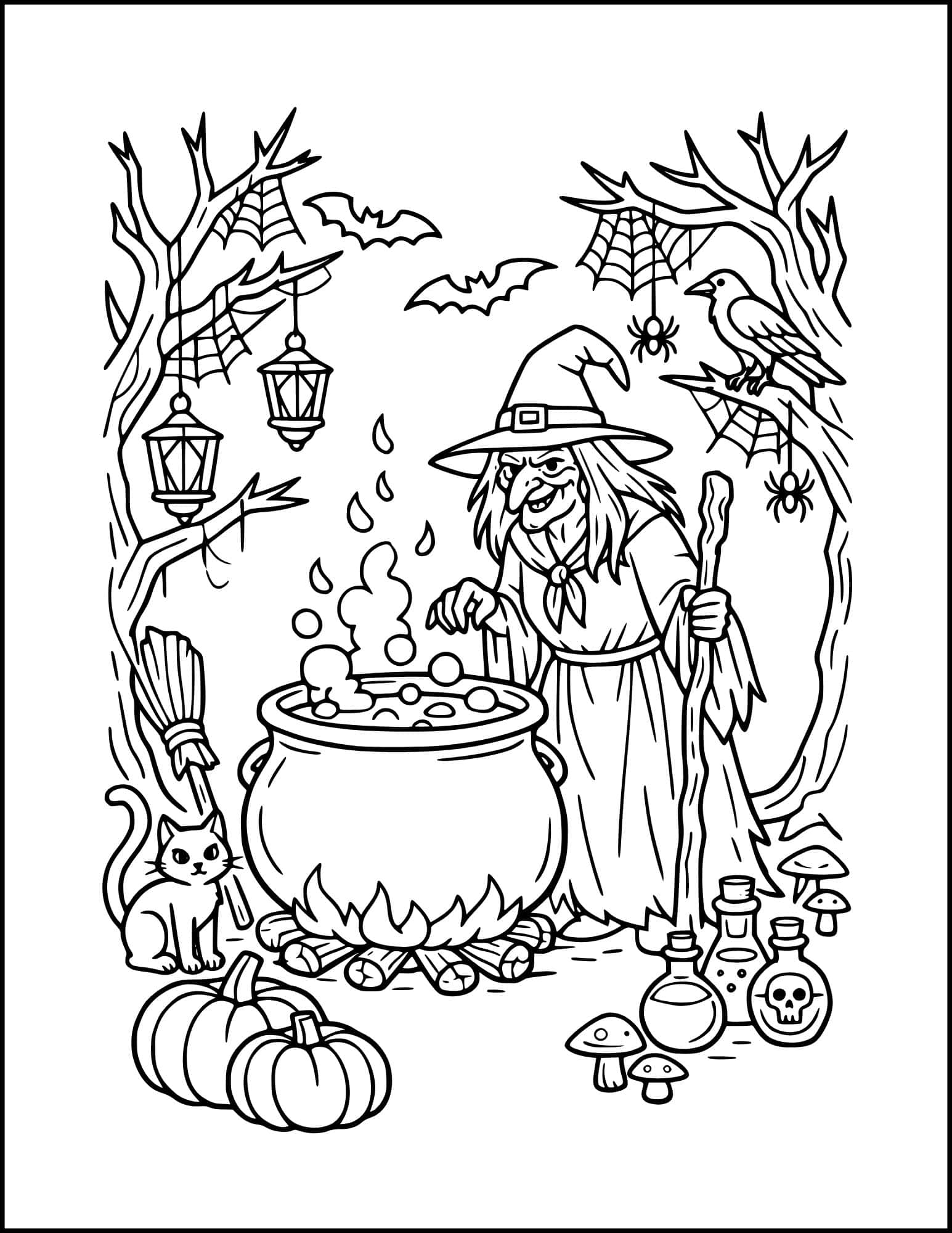Witch's forest laboratory coloring page.