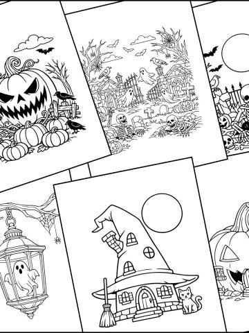 A stack of scary Halloween coloring pages for kids overlapping on one another.