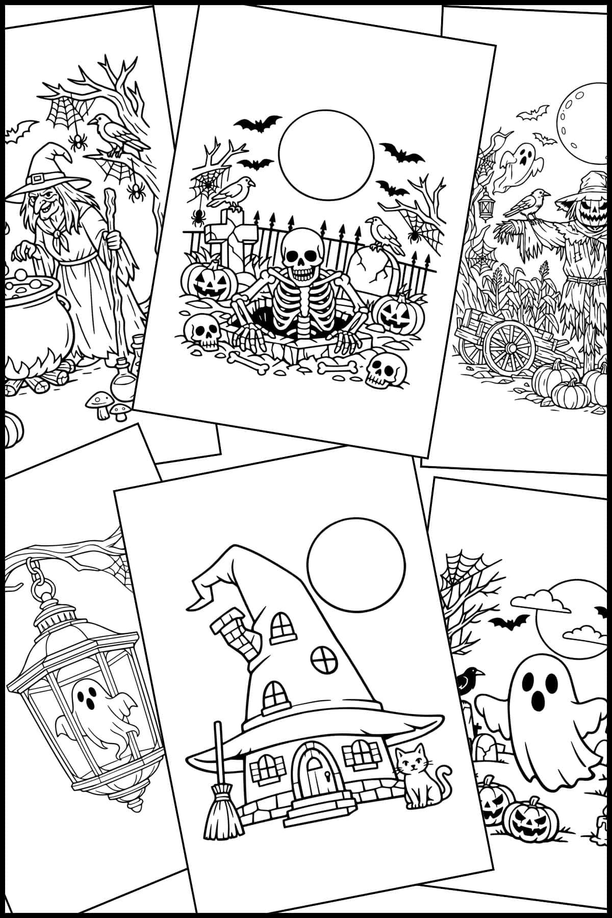 A stack of scary Halloween coloring pages for kids overlapping on one another.