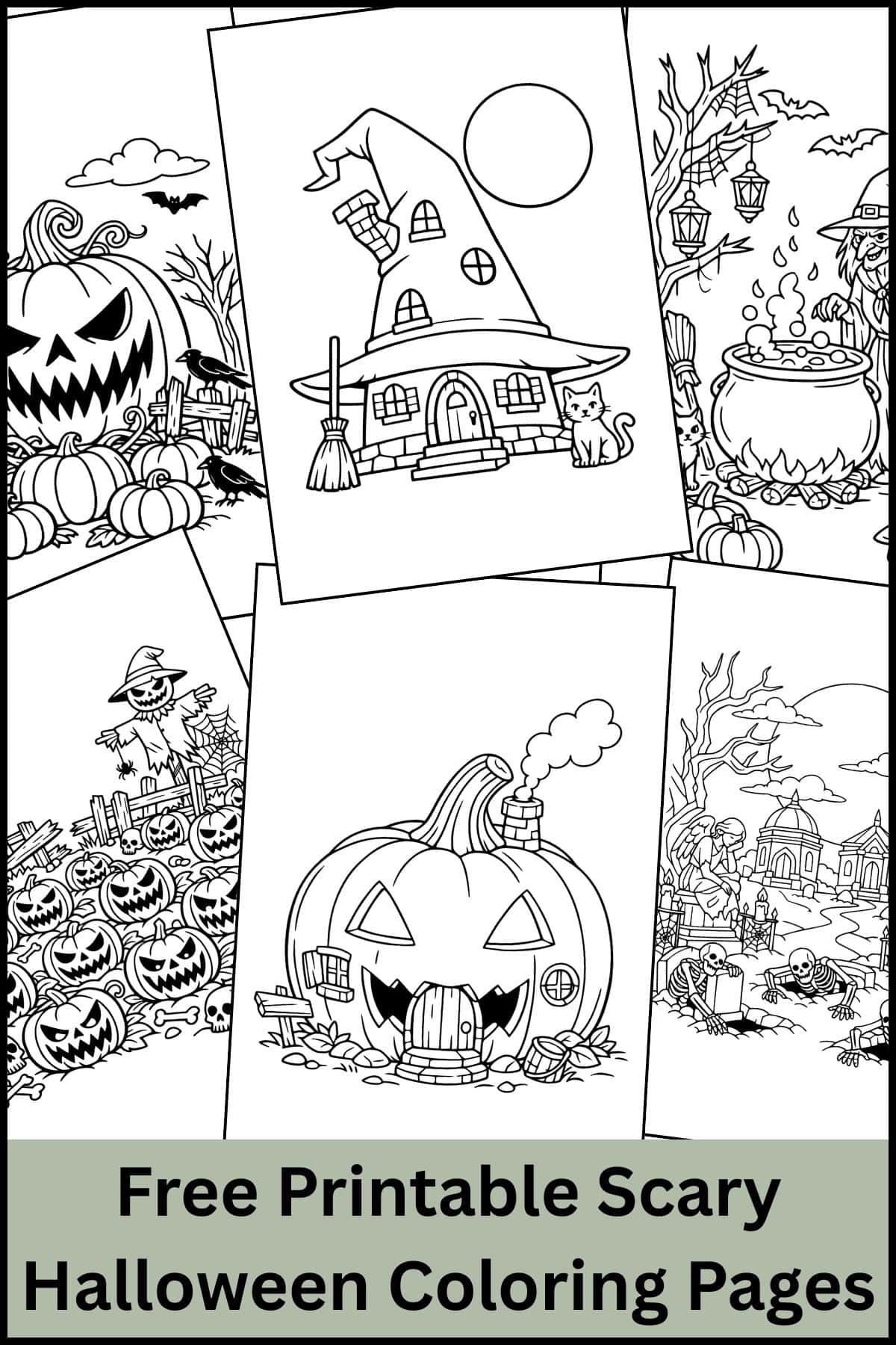 A stack of scary Halloween coloring pages for kids overlapping on one another.