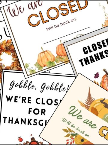 A stack of free printable Closed for Thanksgiving signs overlapping on one another.
