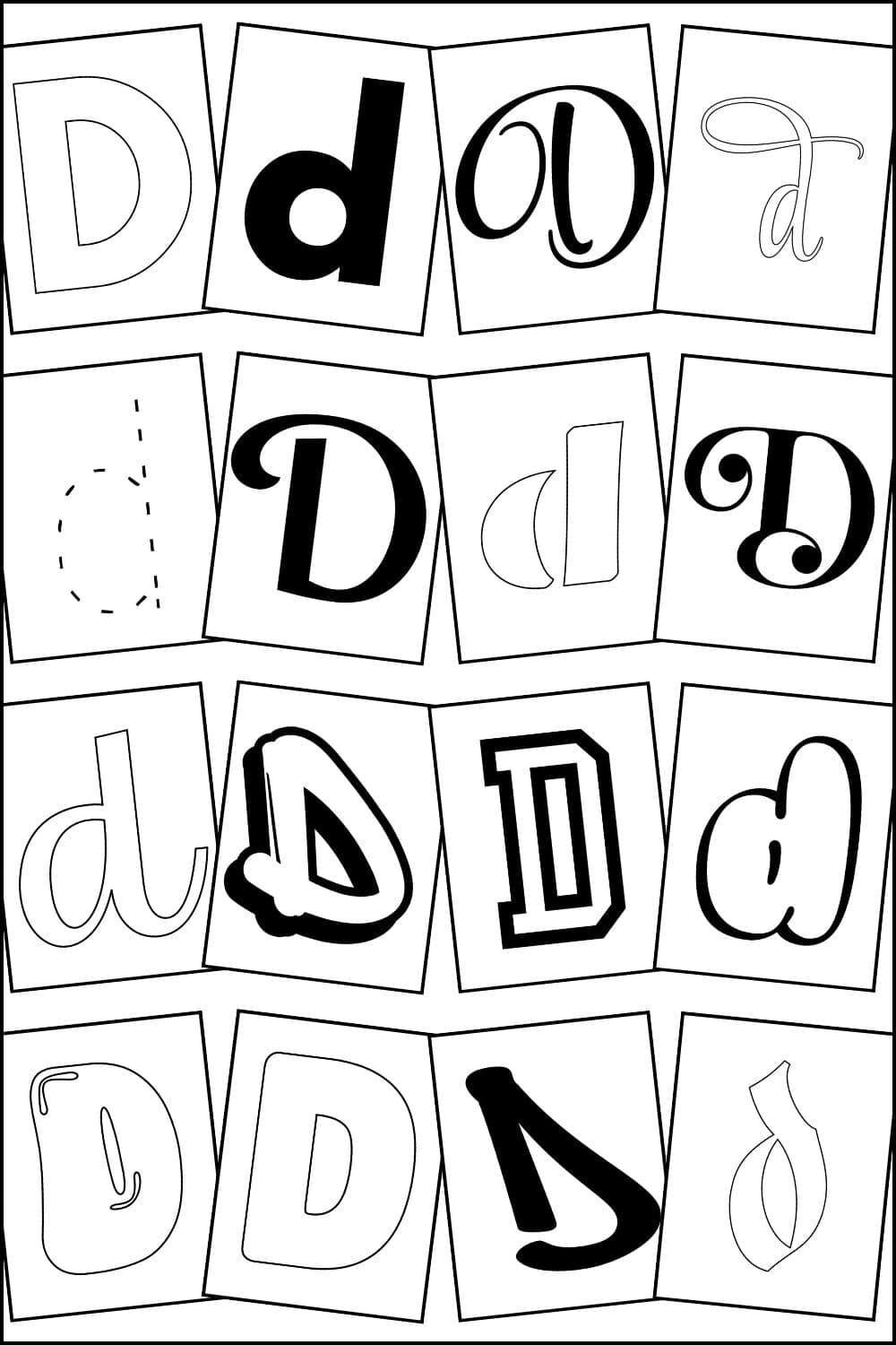 Printable letter D templates arranged in rows.