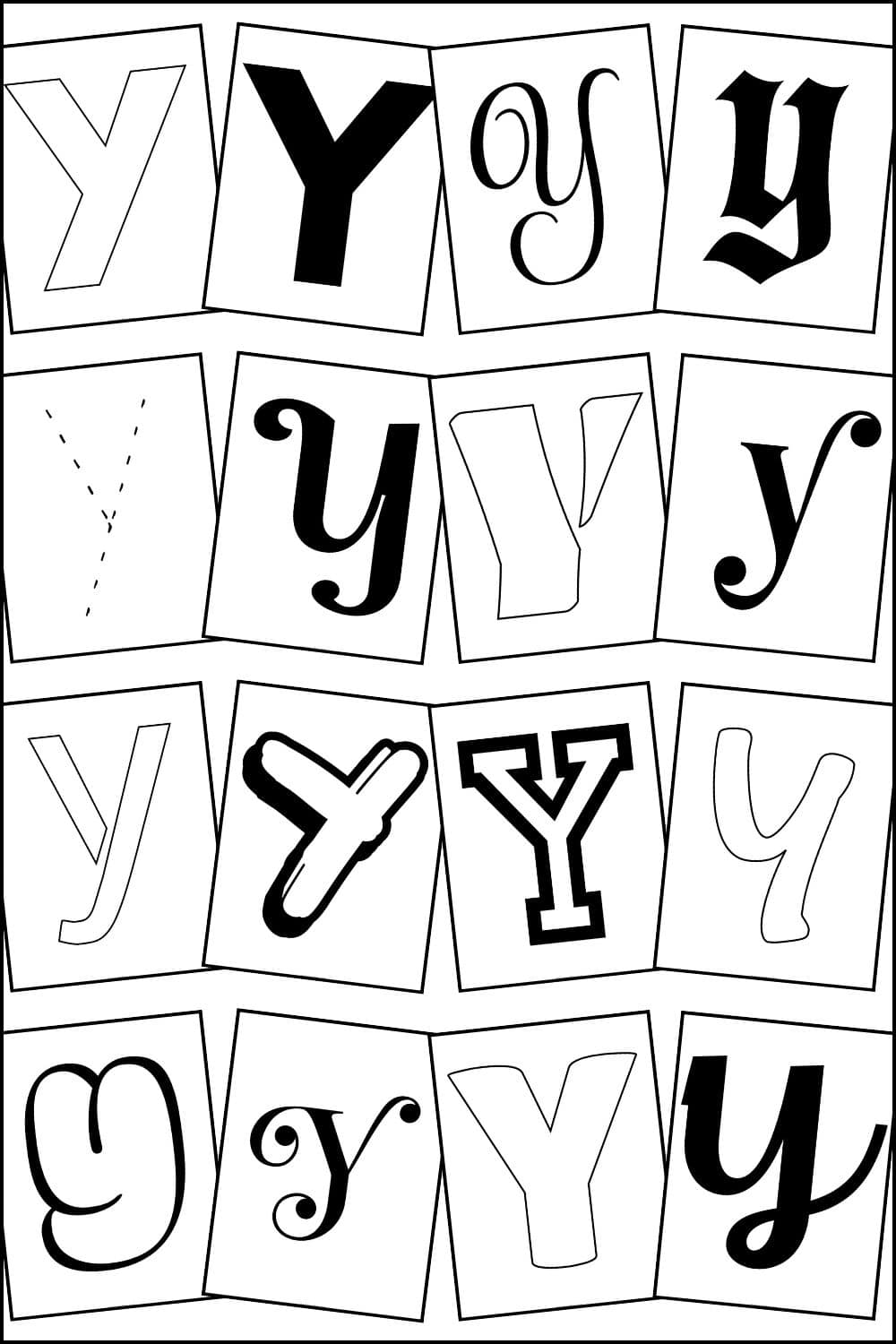 Printable letter Y templates arranged in rows on a page.