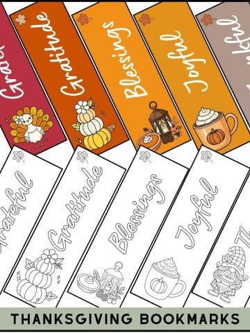 A stack of free printable Thanksgiving bookmarks, both colored and coloring bookmarks arranged in 2 rows on a page.