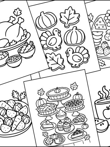 Printable Thanksgiving food coloring pages overlapping one another.