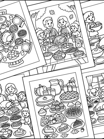 Thanksgiving meal coloring pages overlapping on one another.