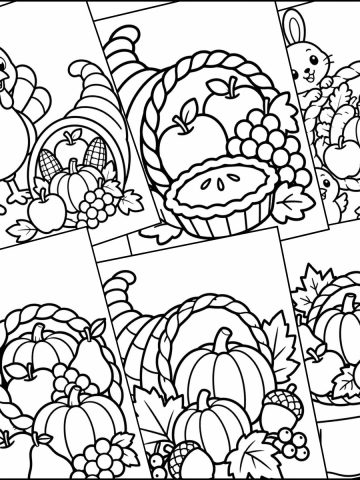 A stack of cornucopia coloring pages overlapping one another.