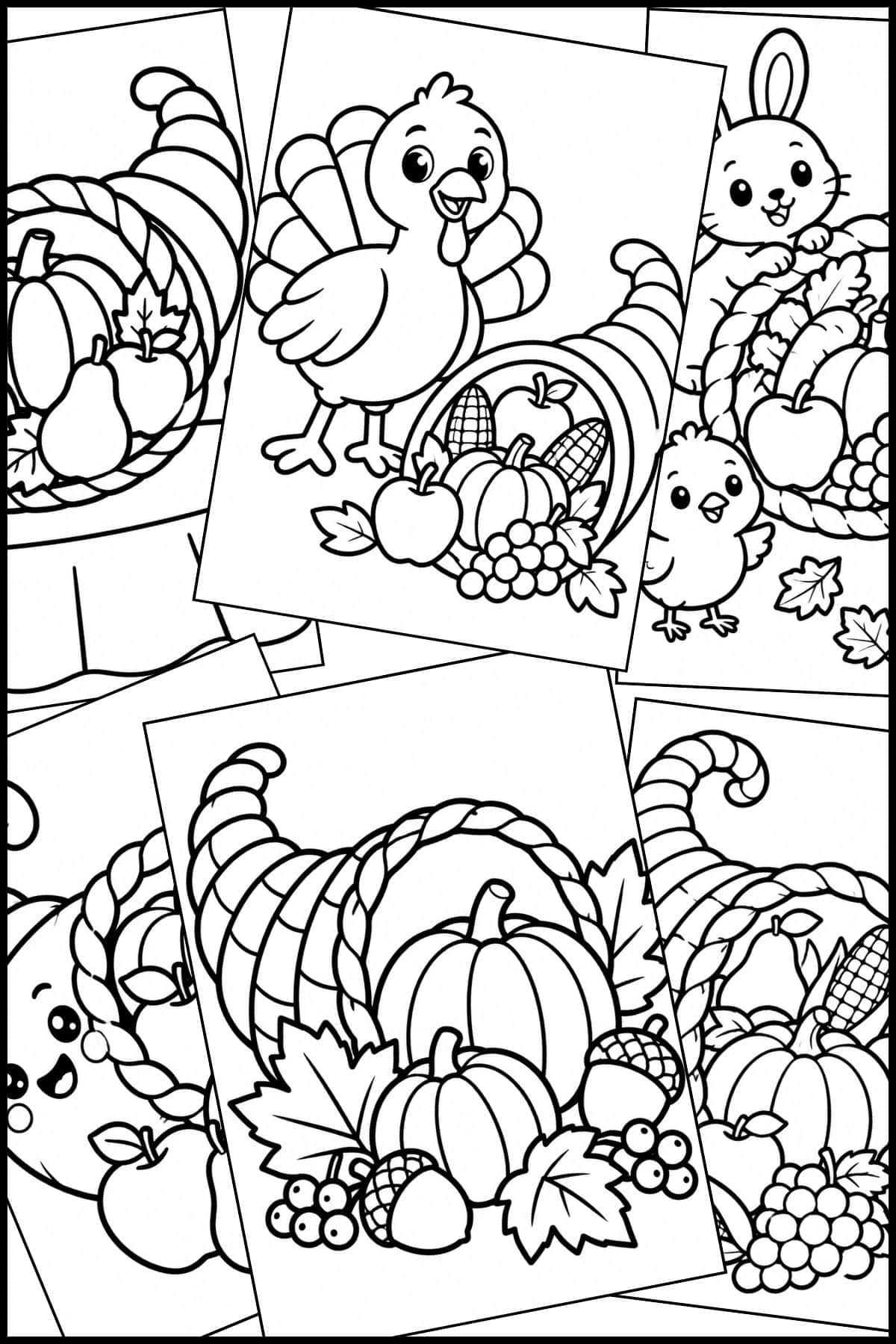 A stack of cornucopia coloring pages overlapping one another.