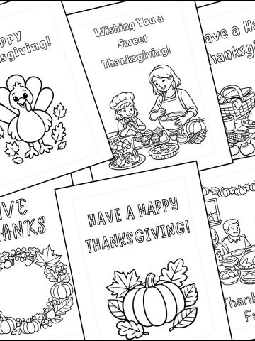 A stack of free printable Thanksgiving cards to color overlapping on one another.