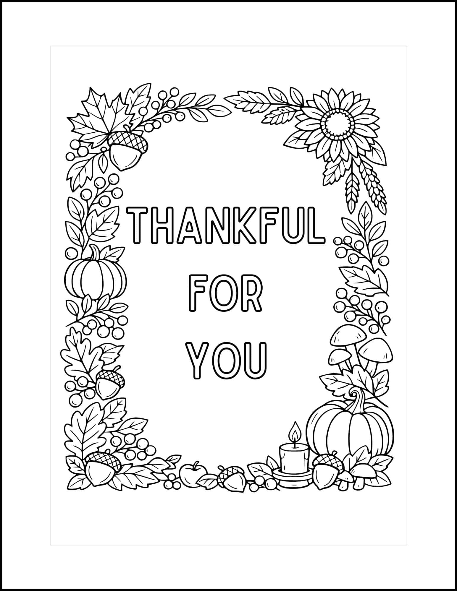 Thankful for you coloring card in thanksgiving theme.