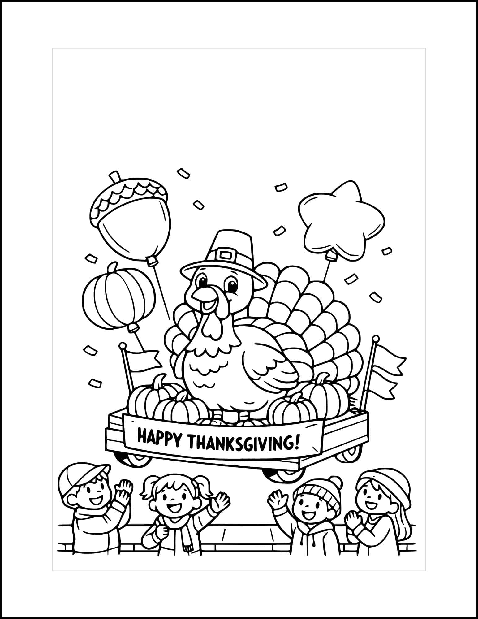 Turkey parade Happy Thanksgiving card to color.