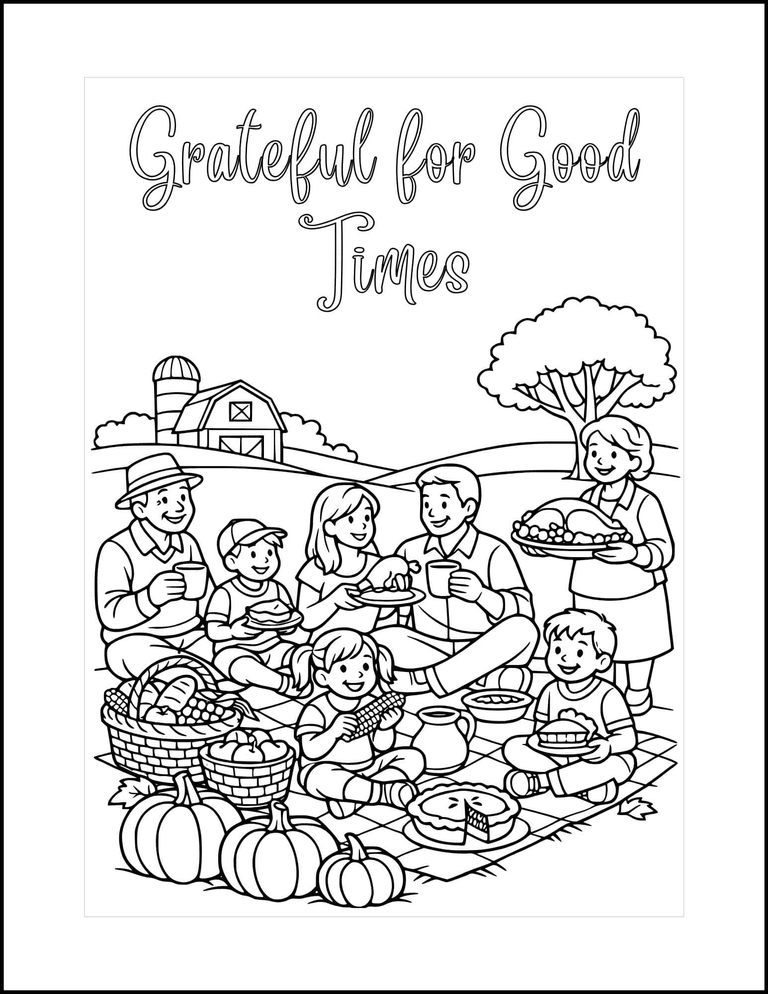 Family picnic scene thanksgiving coloring card.
