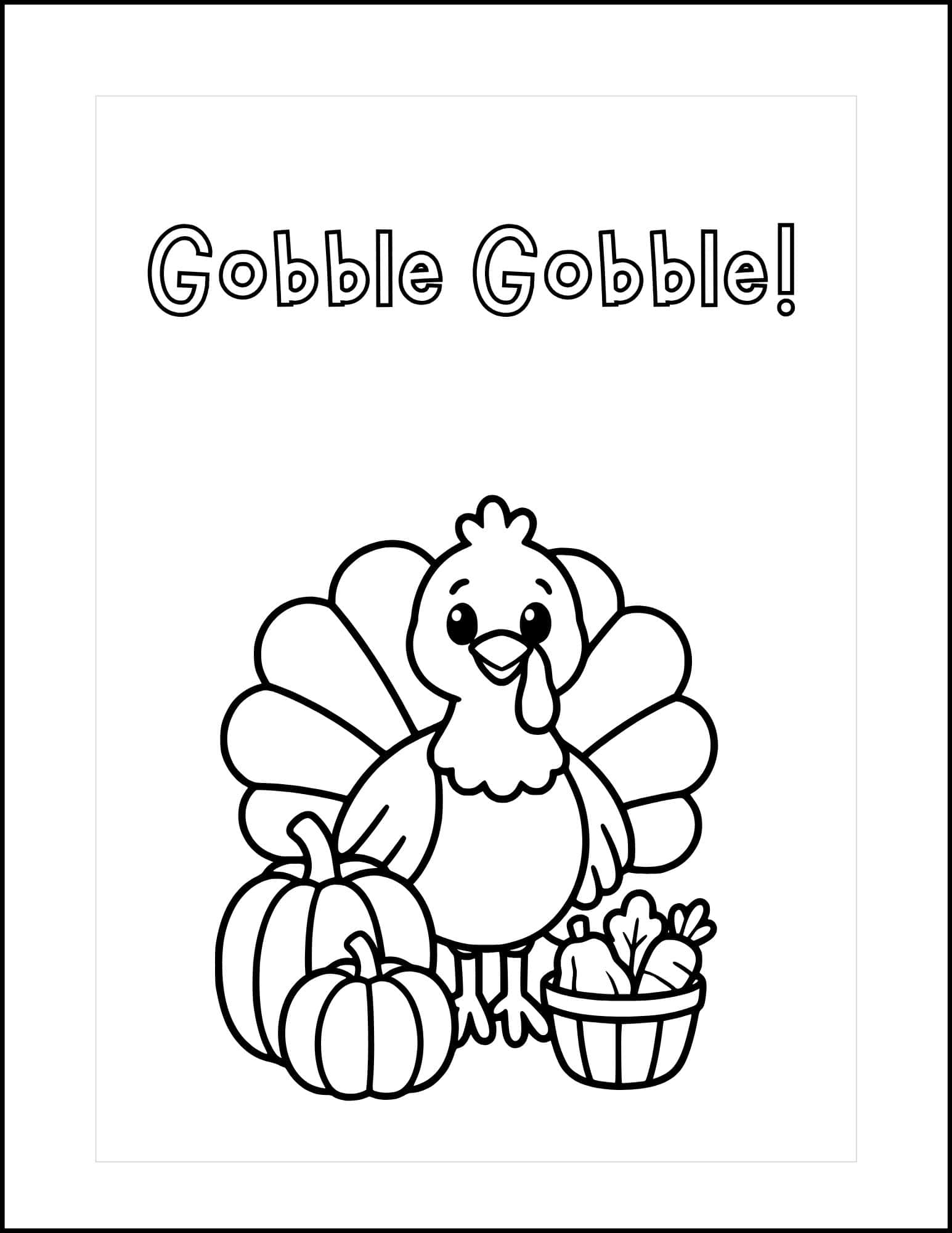 Gobble gobble turkey thanksgiving card in outline for coloring.