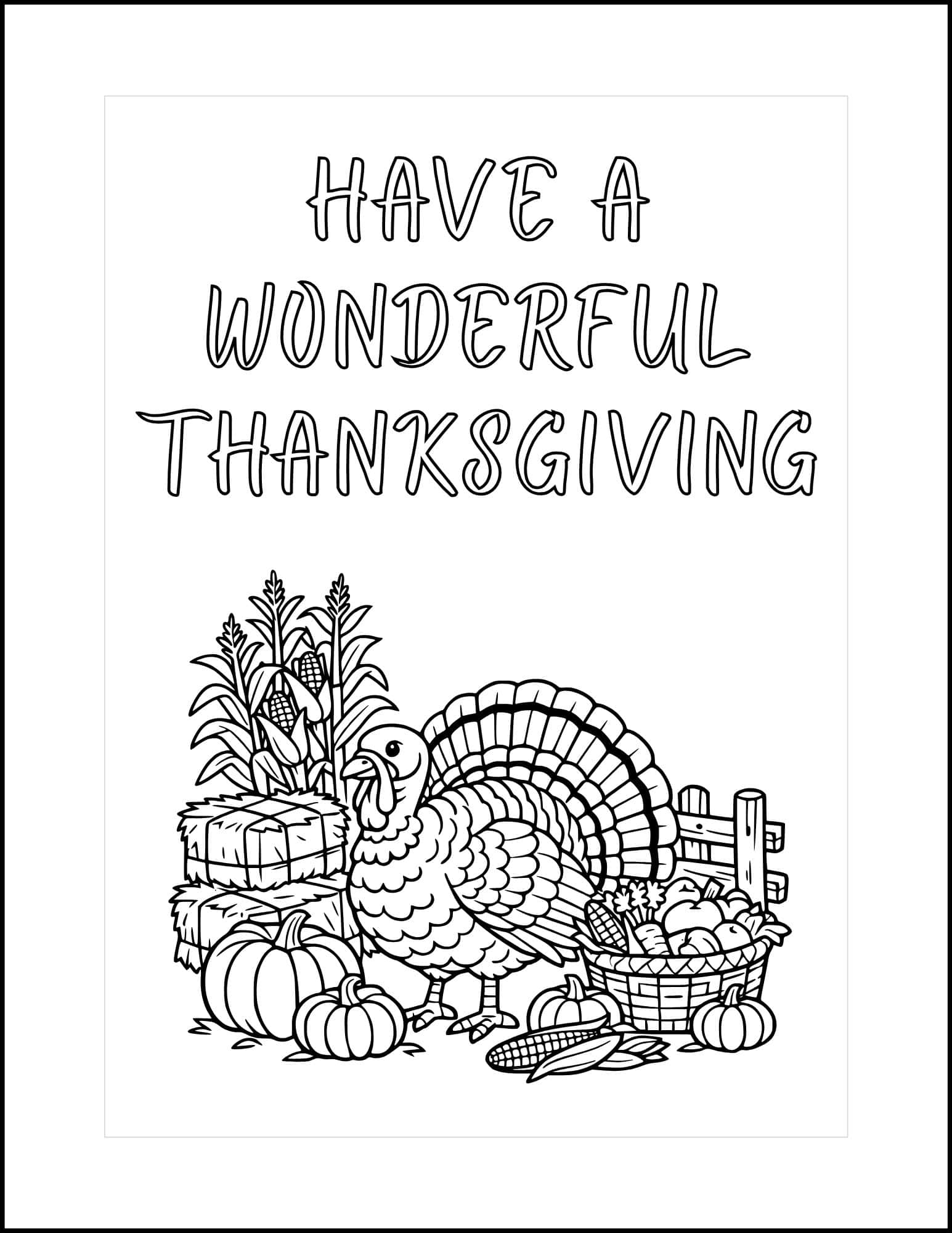 Turkey themed coloring card for thanksgiving.
