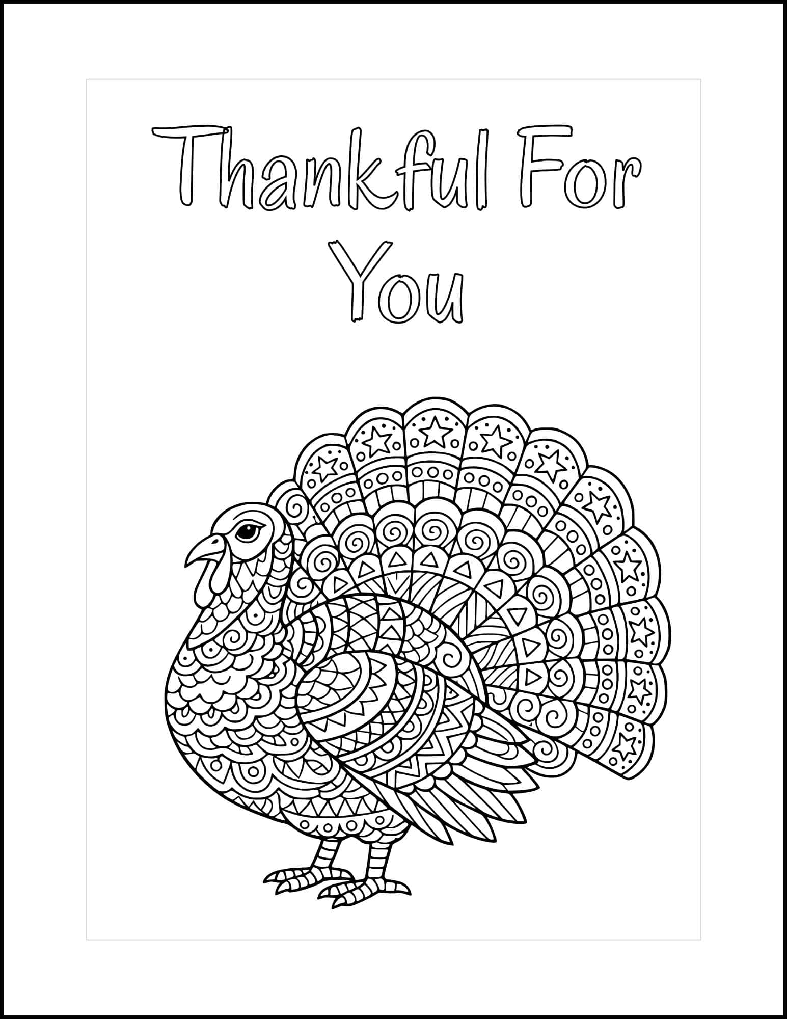 Turkey mandala thanksgiving card to color.