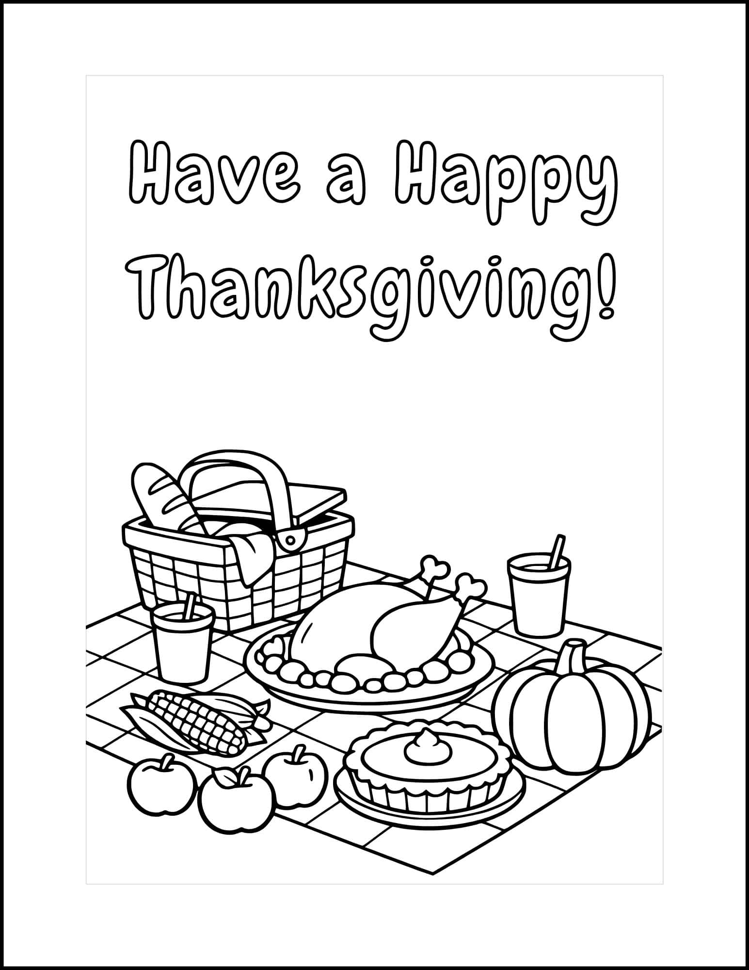 Picnic themed Thanksgiving card for coloring.