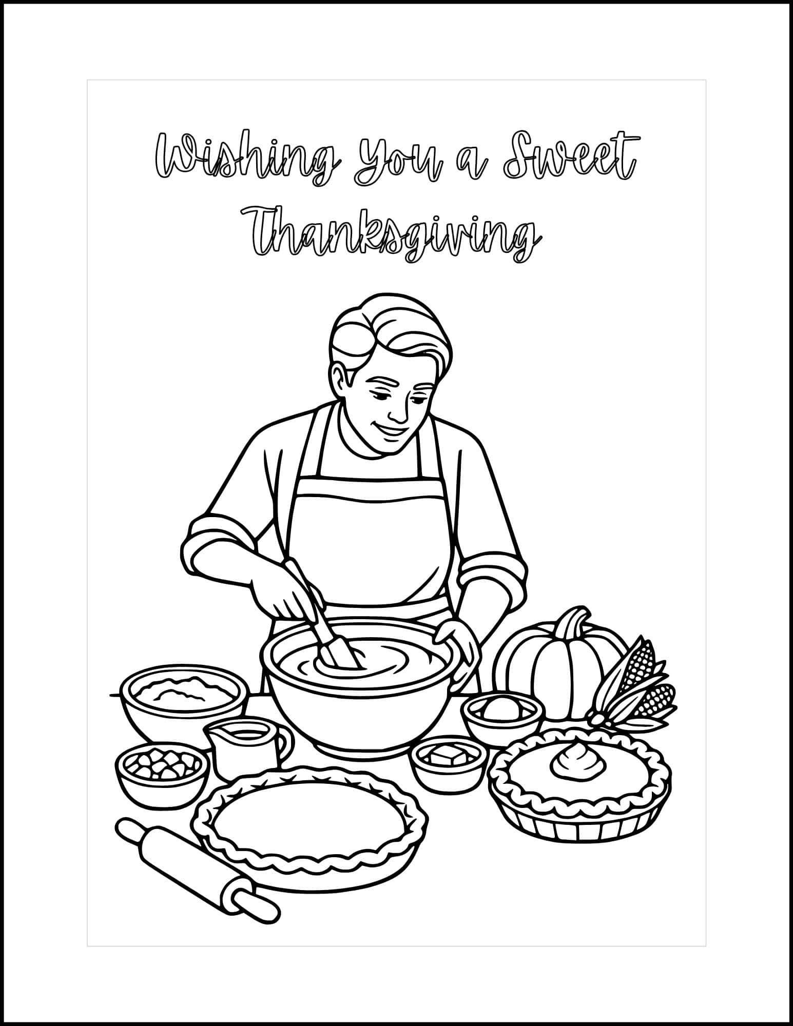 Thanksgiving card with baking scene for coloring.