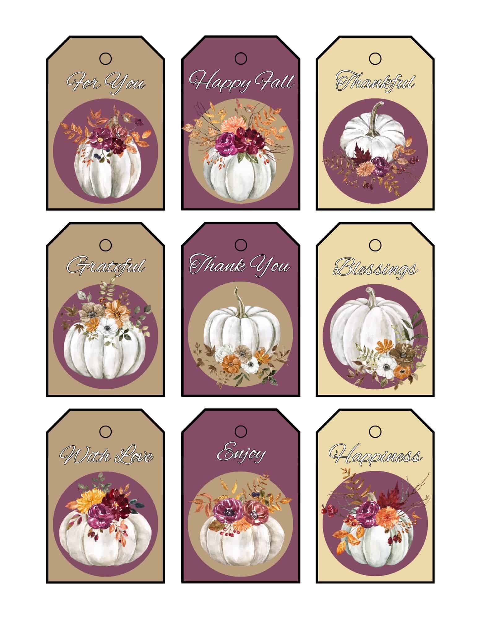 Elegant Happy Thanksgiving tags free printable templates with white pumpkins and floral design.
