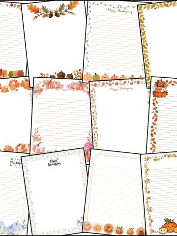 A stack of printable thanksgiving border and writing paper overlapping on one another.