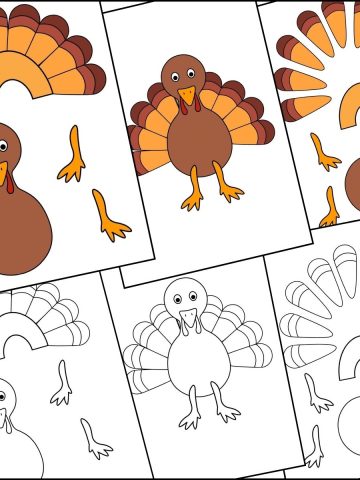 A stack of printable turkey pattern templates overlapping one another.