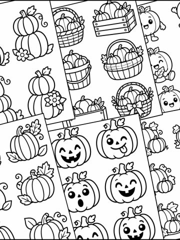 Small pumpkin coloring pages overlapping one another.