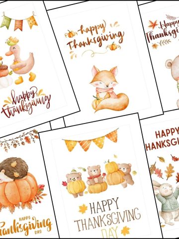 A stack of thanksgiving cards printable templates overlapping on one another.