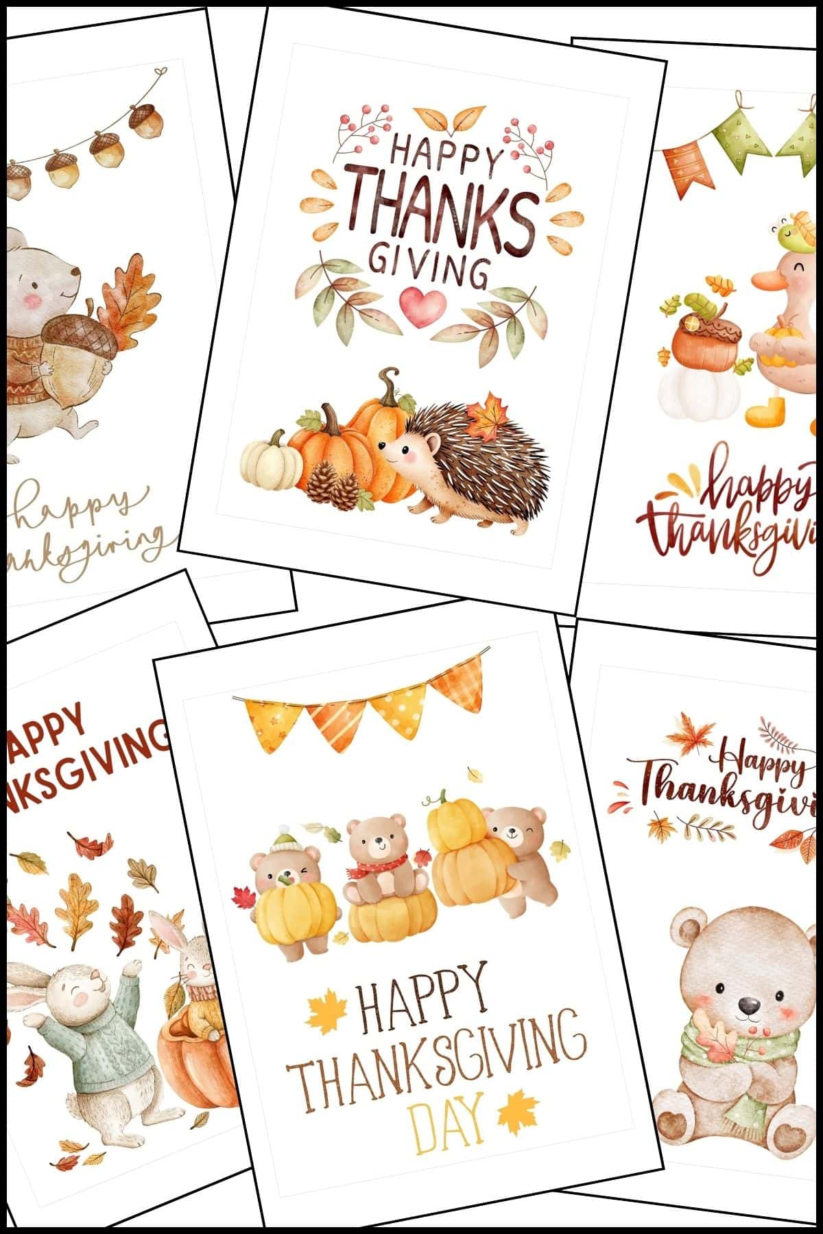 A stack of thanksgiving cards printable templates overlapping on one another.