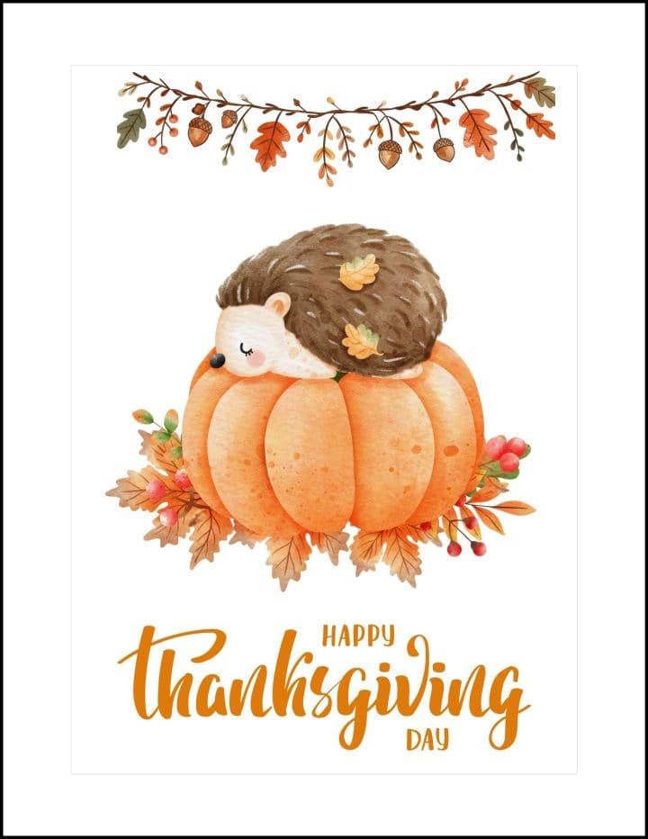 Thanksgiving card printable design with cute porcupine and pumpkin.