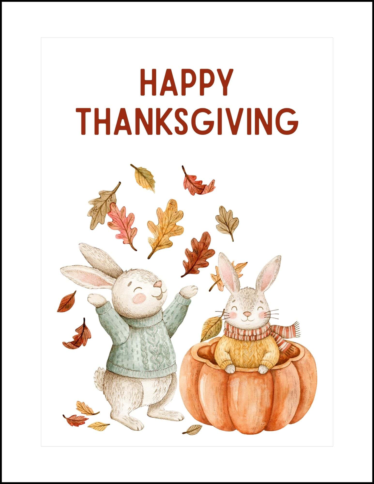 Two rabbits in autumn setting Thanksgiving card.