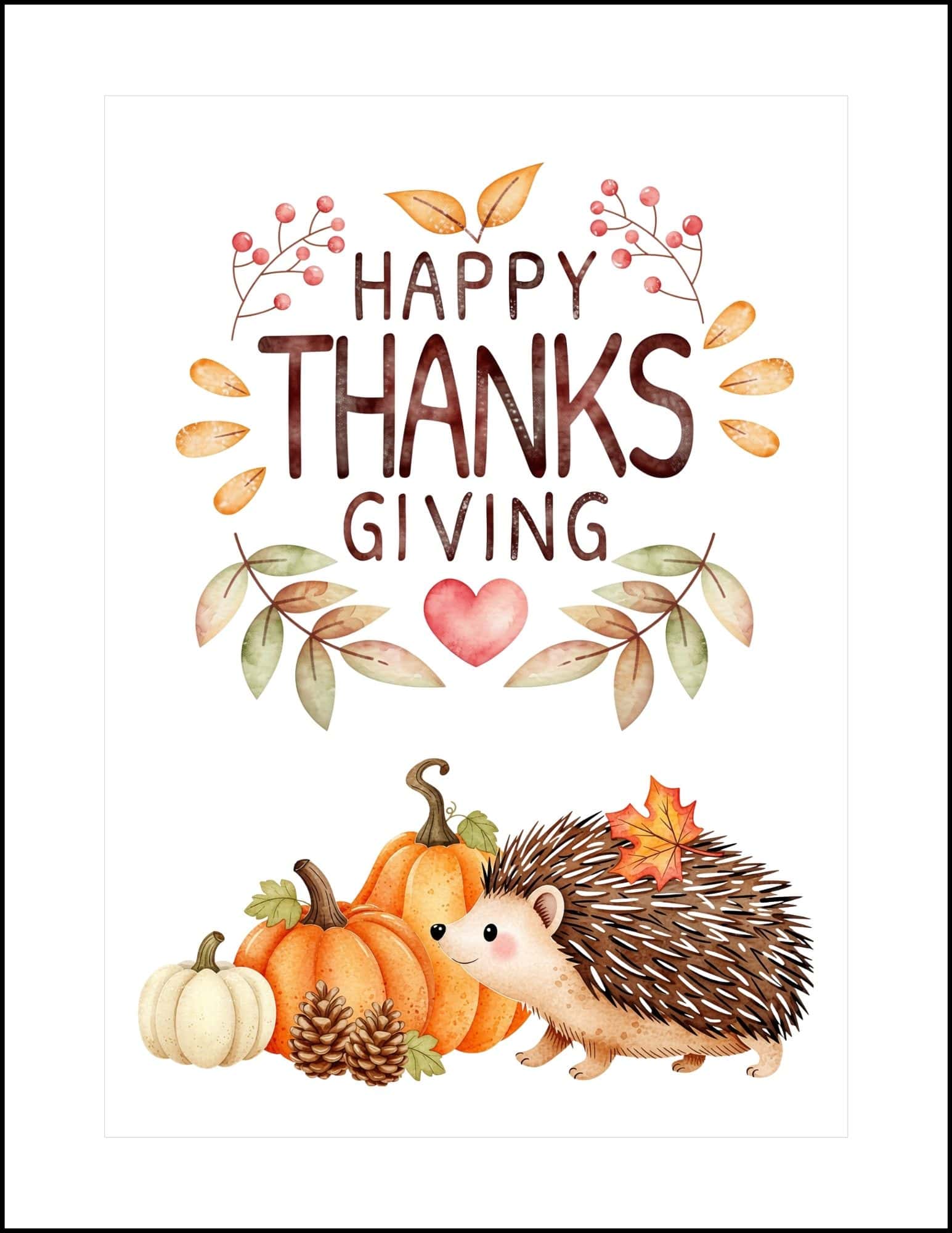 Thanksgiving card printable design with cute porcupine and pumpkins.