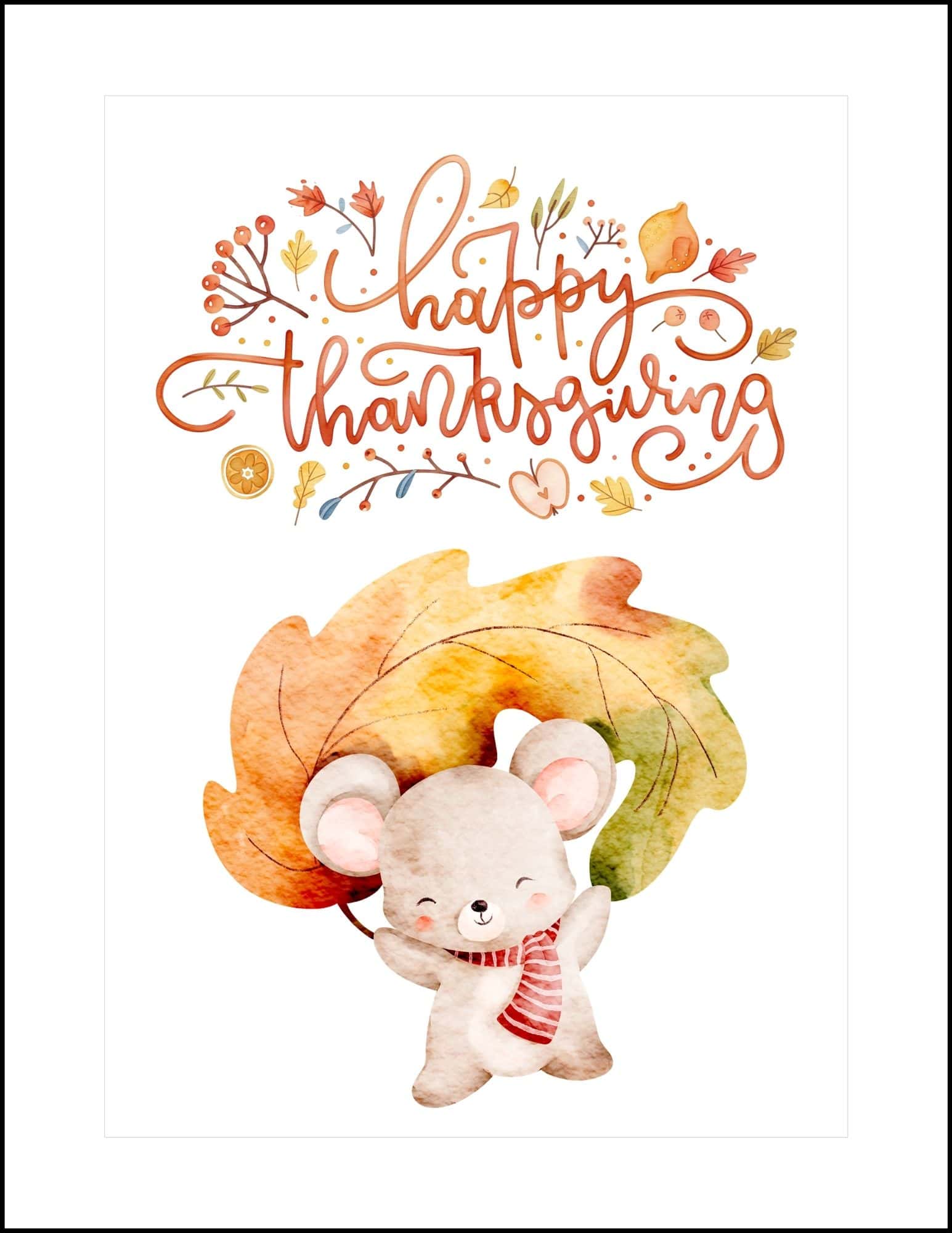 A mouse holding an autumn leave Thanksgiving card printable.