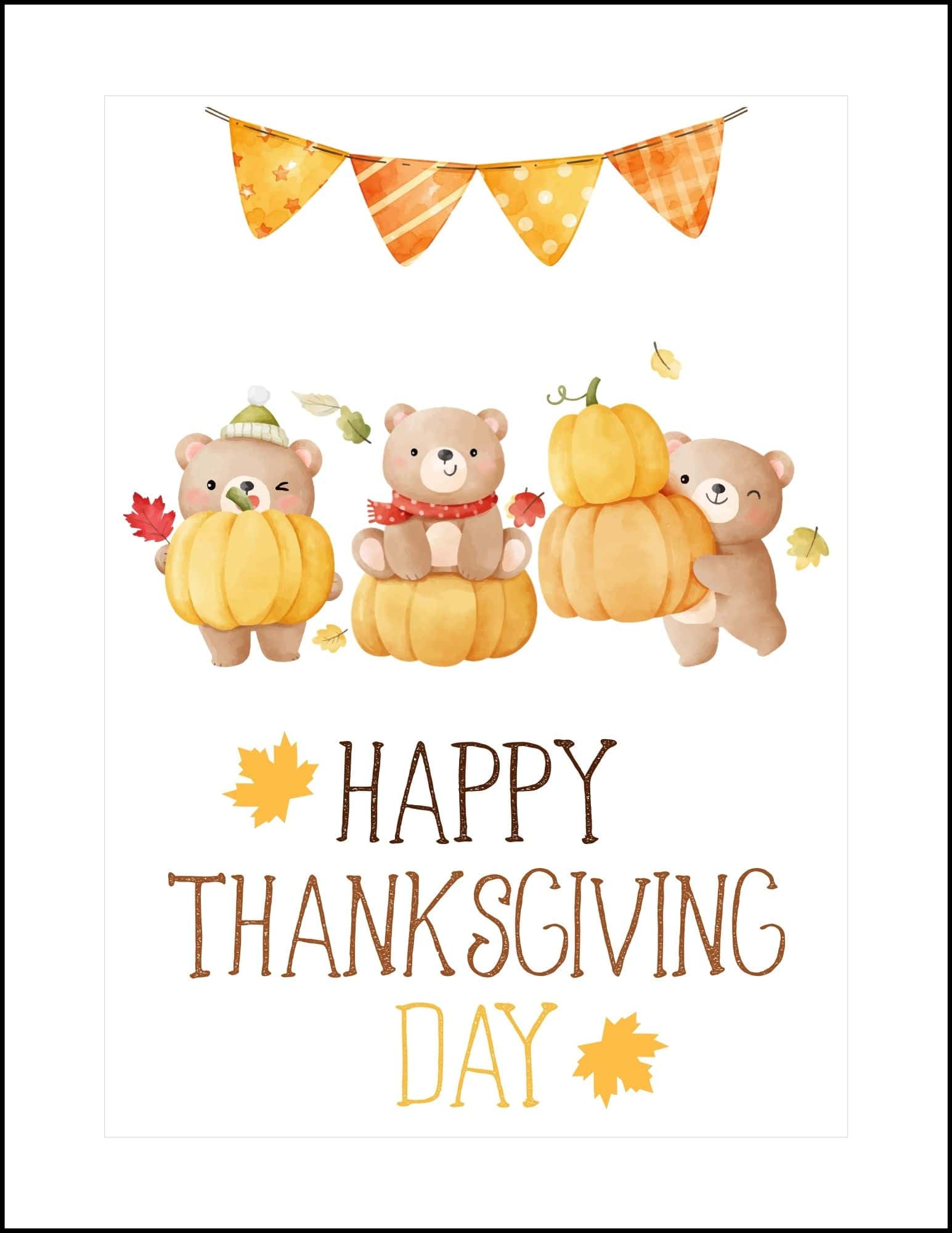 Three cute bears with pumpkins thanksgiving card printable.