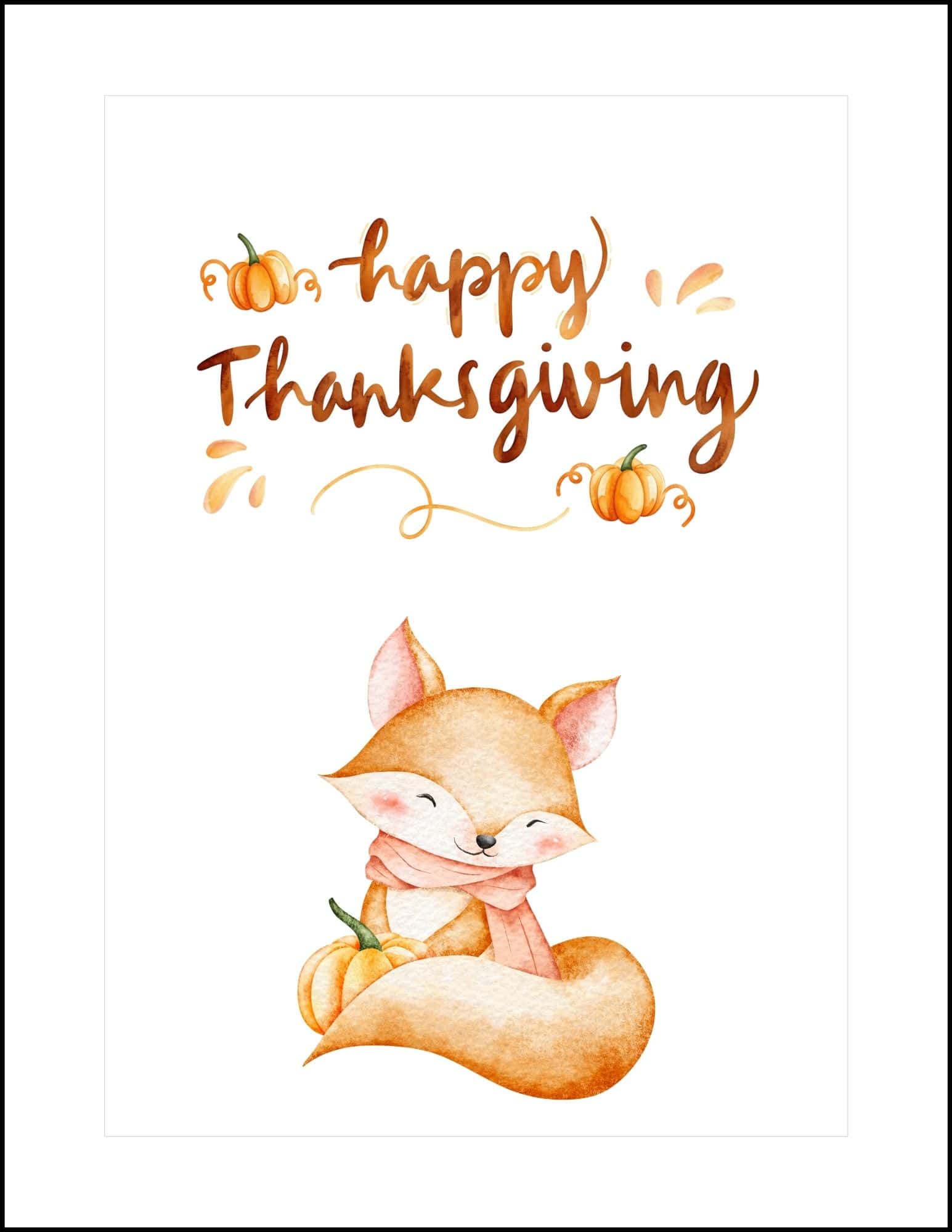 A sweet and cute fox holding a pumpkin thanksgiving card.
