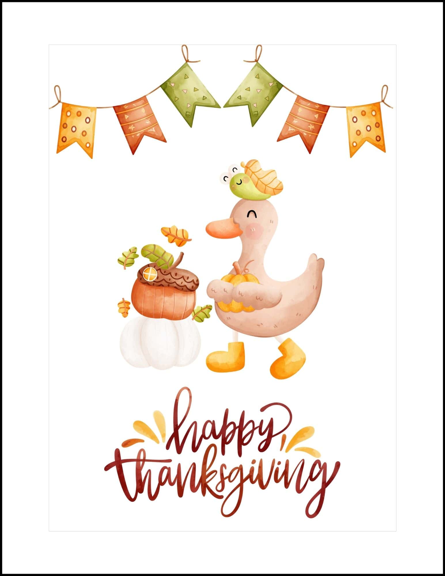 A duck with pumpkin and acorn thanksgiving card.