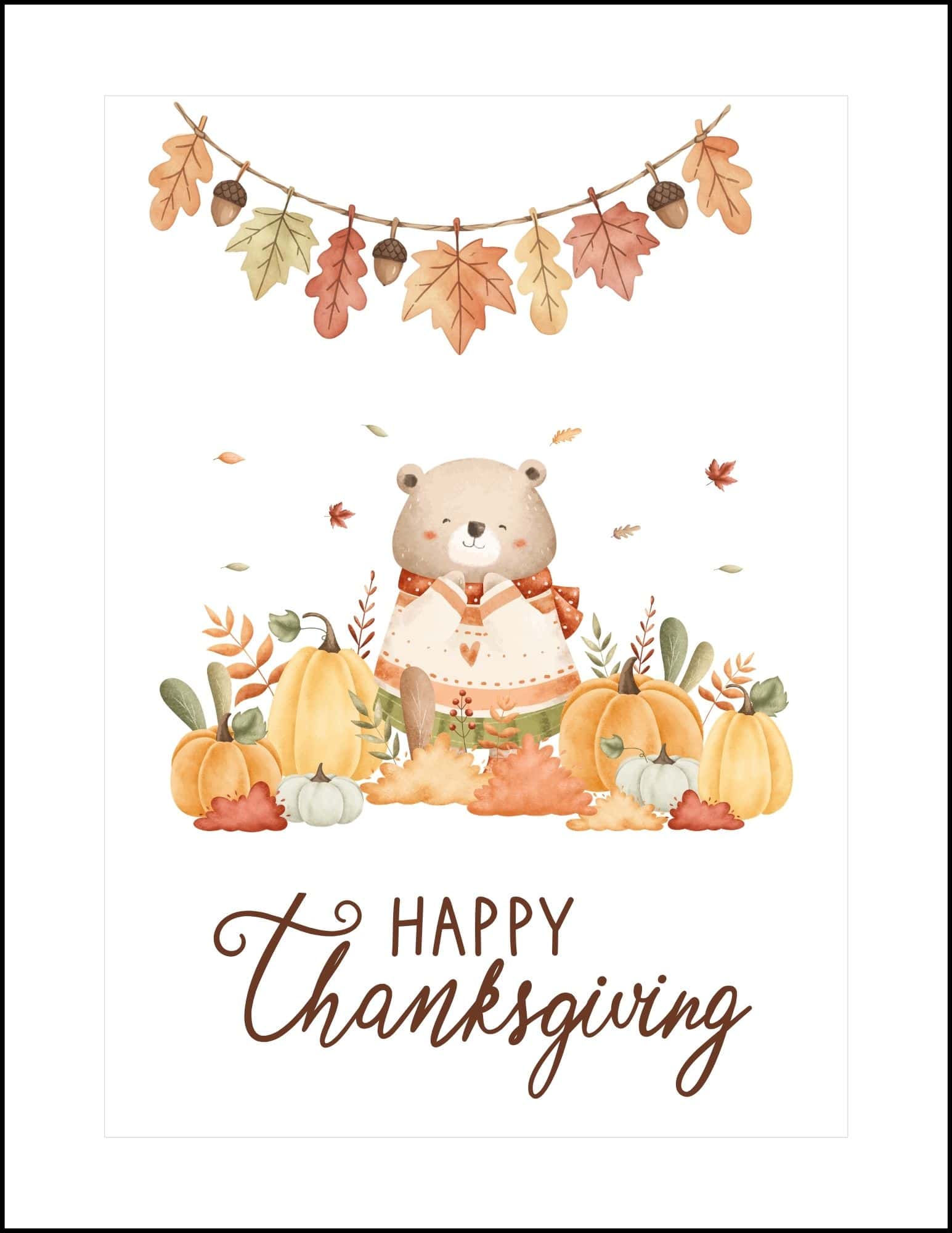 Thanksgiving card printable with a bear and pumpkins design.
