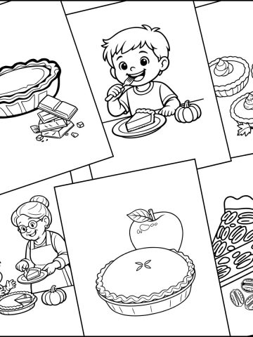 Thanksgiving pie coloring pages overlapping one another.