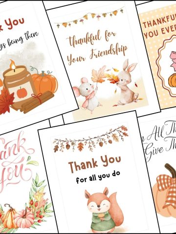 A stack of Thanksgiving thank you cards overlapping on one another.
