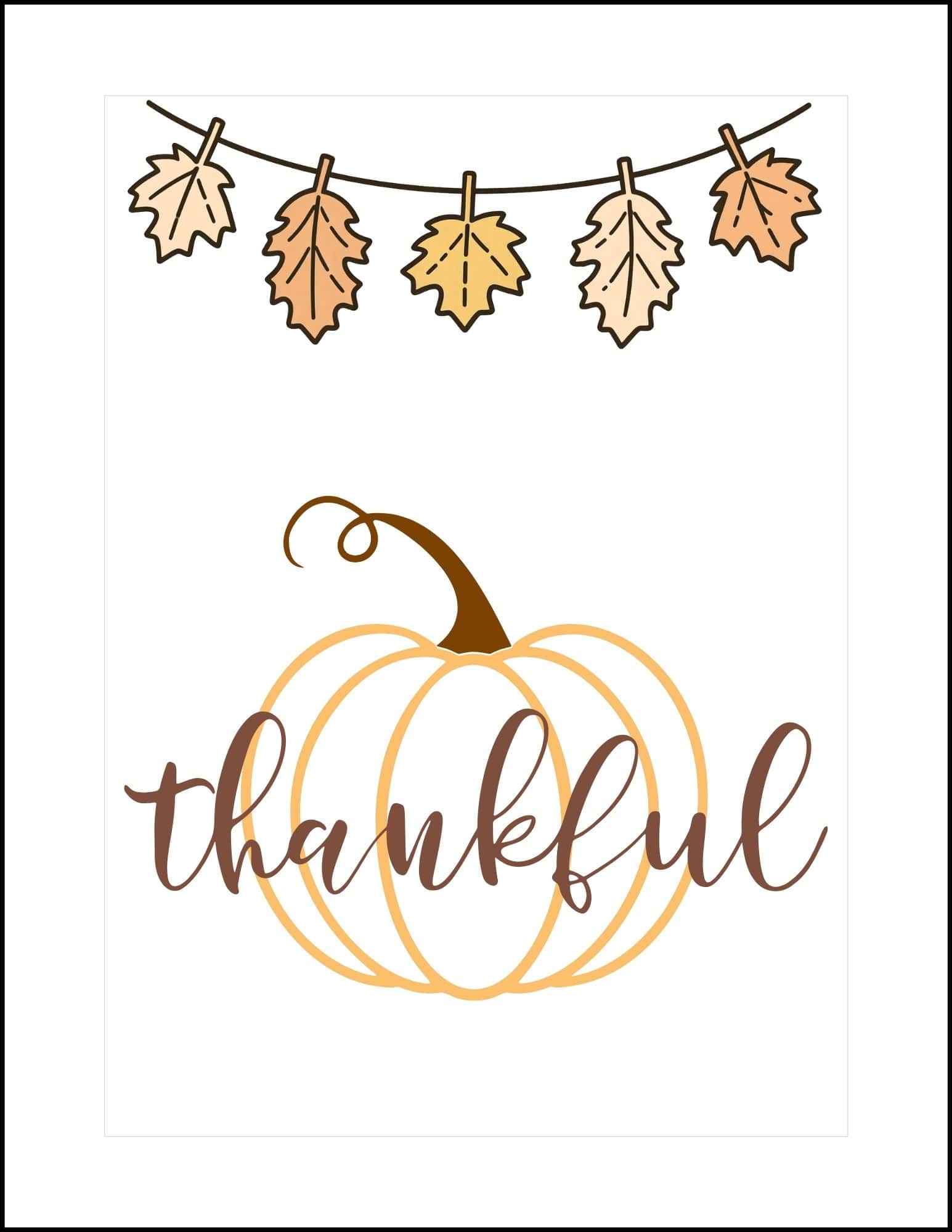 Thankful card with a pumpkin motif and autumn leaves banner.
