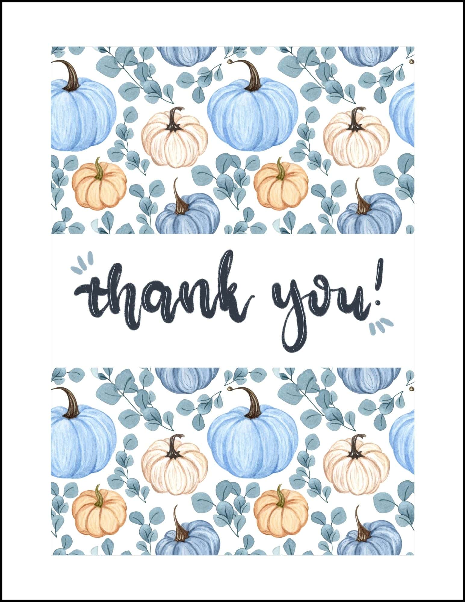 Thank you card with blue and beige pumpkins background for Thanksgiving.